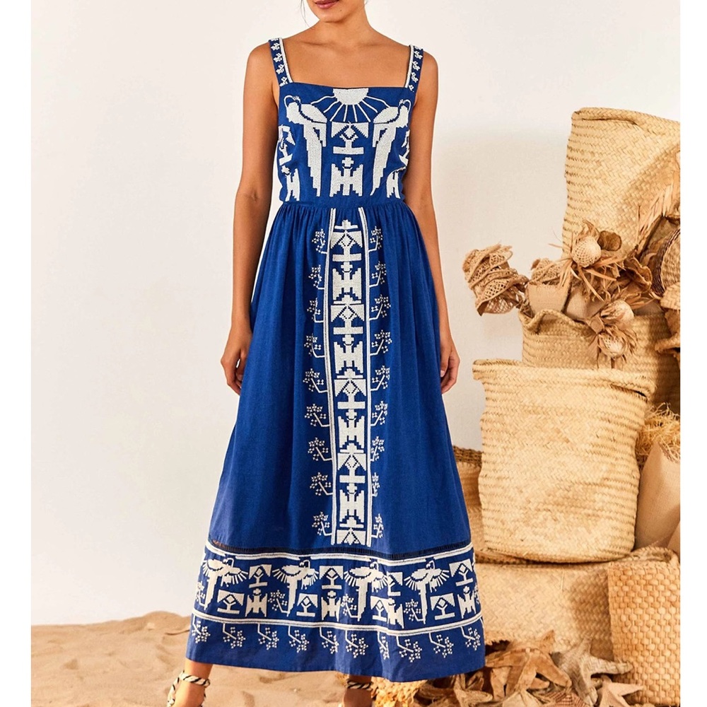 FARM RIO Navy Macaw Embroidered Maxi Dress NWT in Small